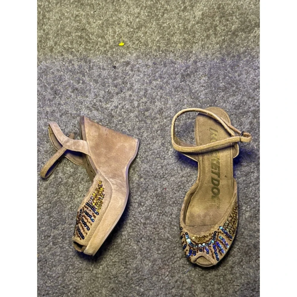 Rocket‎ Dog Glitzy Tan Beaded Sequin Wedge Sandals Peep Toe Ankle Strap Womens 6